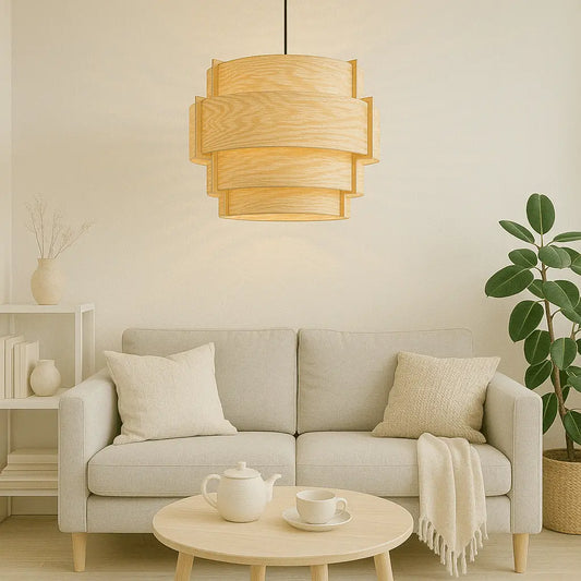 Japandi wood veneer drum pendant light shade