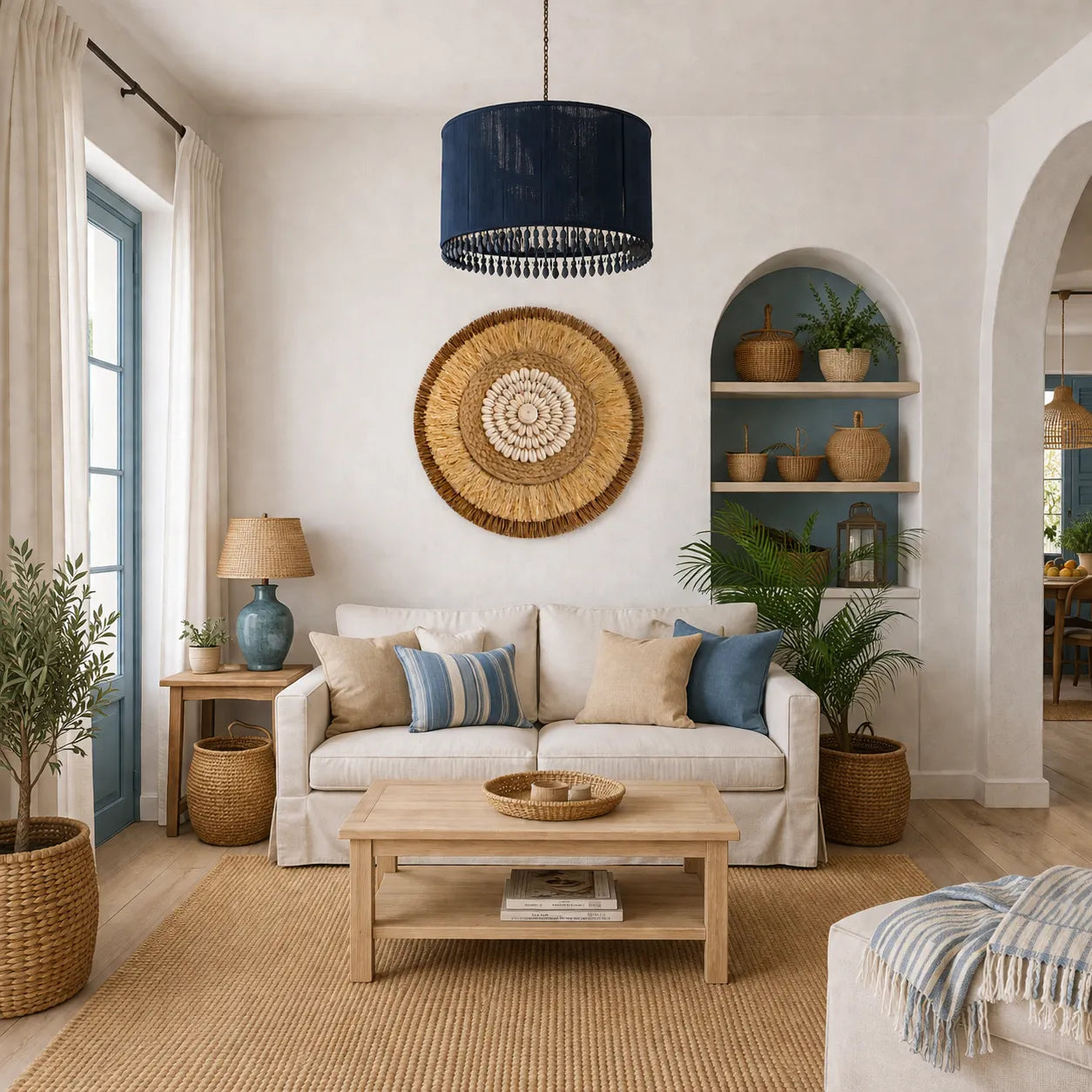 Décoration murale bohème | Tenture murale ronde en rotin et raphia tressés - 38cm