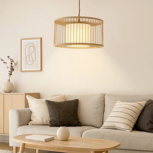 Japandi Drum Bamboo Pendant Light for Living Room & Bedroom - M11/E27/E26
