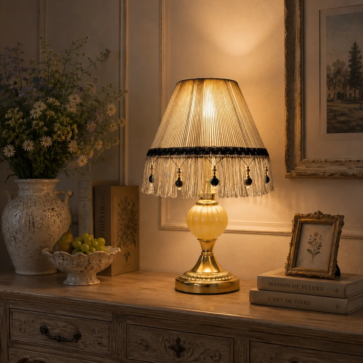 French Vintage Fringe Empire Lampshade with Beaded Tassels | DIY Table Lamp Shade Kit