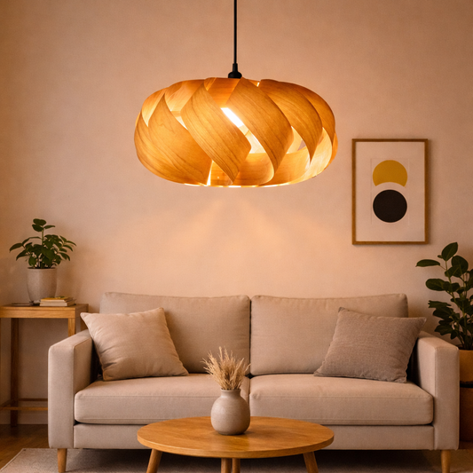 Nordic Swirl Wood Pendant Light Shade for Living Room | Natural DIY Lampshade Kits – E27/E26