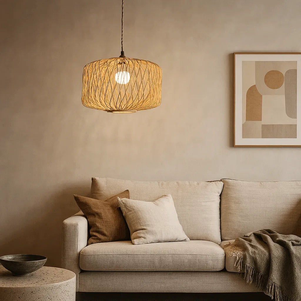 Boho Natürlicher gewebter Käfig-Bambus-Pendelleuchtenschirm DIY-Kits – E26/E27/E10/M11