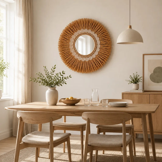 Boho Round Mirror Wall Decor | Natural Decorative Wall Mirror for Living Room