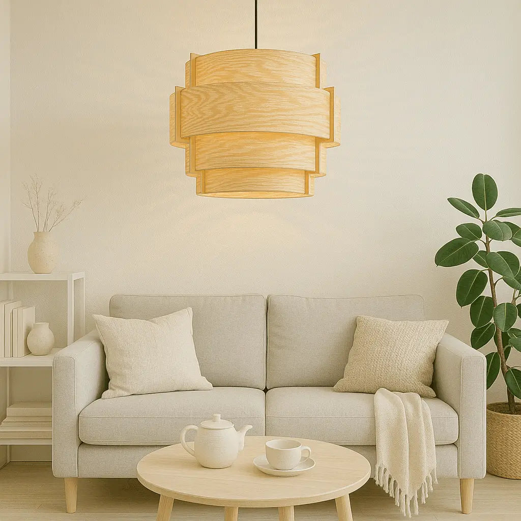 Japandi wood veneer drum pendant light shade