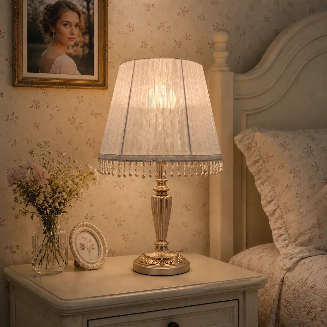 Fabric Empire Lampshade with Pearl Fringe | DIY Romantic Vintage Table Lamp Shade Kit