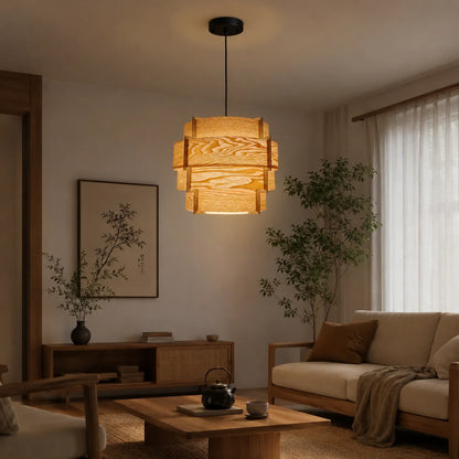 Japandi gestufte Trommel-Holz-Pendelleuchte | DIY Lampenschirm-Kit