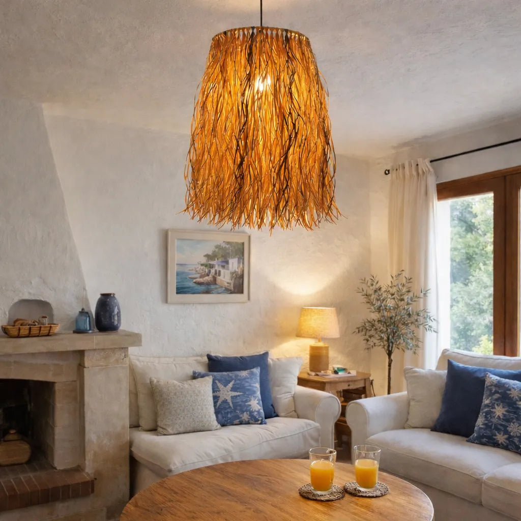 Boho Raffia Pendant Lampshade | Natural DIY Hanging Light Shade Kit with Fringe