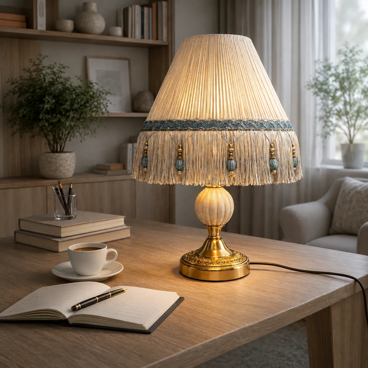 Französischer Vintage-Fransen-Empire-Lampenschirm mit Perlenquasten | DIY Tischlampenschirm