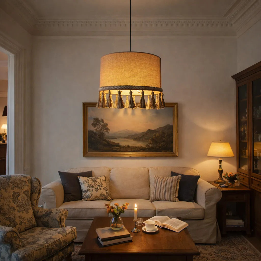 Natural Linen Drum Pendant Lampshade DIY Kit | Beige Hanging Light Shade with Tassel - E10/E14/E26/E27