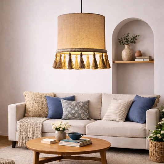 Natural Linen Drum Pendant Lampshade DIY Kit | Beige Hanging Light Shade with Tassel - E10/E14/E26/E27
