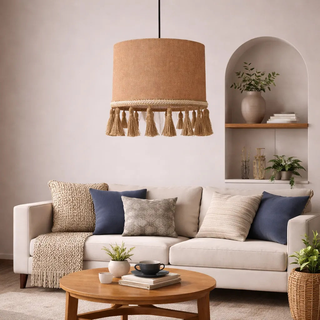 Natural Linen Drum Pendant Lampshade DIY Kit | Beige Hanging Light Shade with Tassel - E10/E14/E26/E27