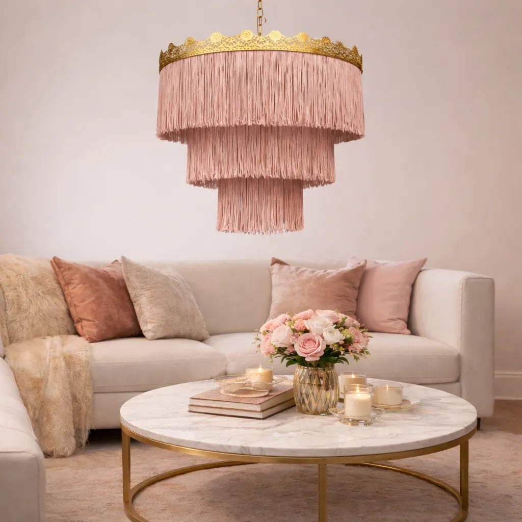 Pink & Green Fringe Pendant Lampshade | DIY Boho Hanging Light Shade Kit