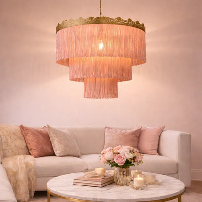 Pink & Green Fringe Pendant Lampshade | DIY Boho Hanging Light Shade Kit