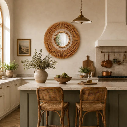 Boho Round Mirror Wall Decor | Natural Decorative Wall Mirror for Living Room