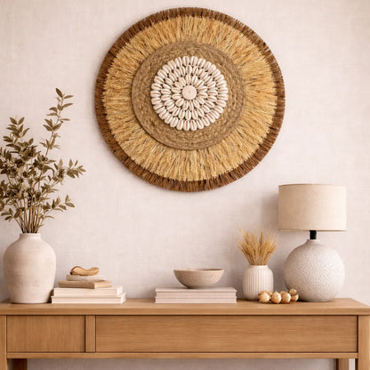 Décoration murale bohème | Tenture murale ronde en rotin et raphia tressés - 38cm