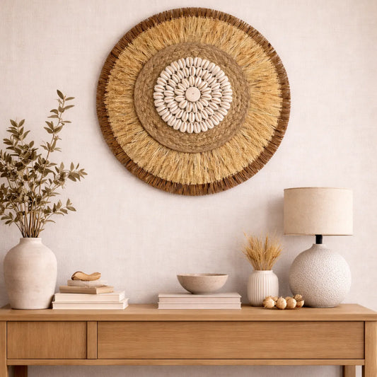 Boho Wall Decor | Round Woven Rattan & Raffia Wall Hanging - 38cm