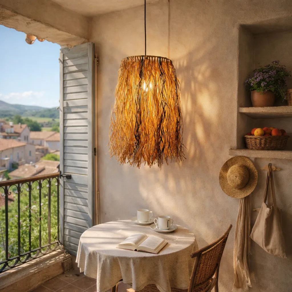 Boho Raffia Pendant Lampshade | Natural DIY Hanging Light Shade Kit with Fringe