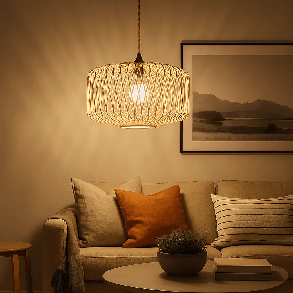 Natural Woven Cage Bamboo Pendant Light Shade | Boho Hanging Lamp – E26/E27/M11