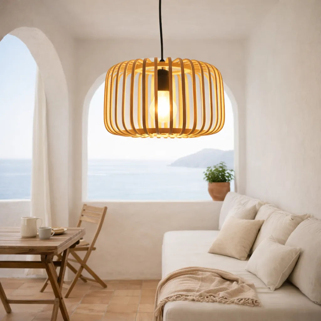 Scandinavian Drum Cage Bamboo Pendant Light Shade for Dining Room | Minimalist Design – M11/E26/E27