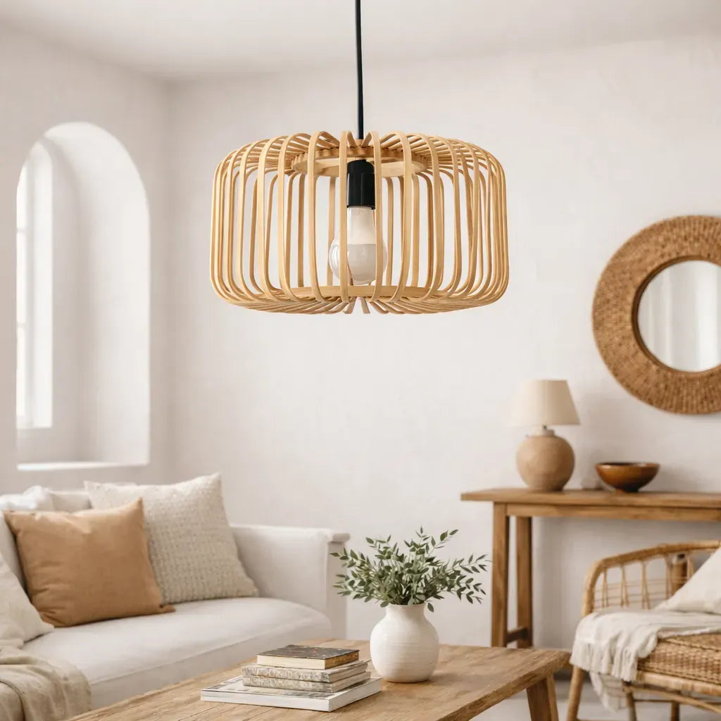 Scandinavian Drum Cage Bamboo Pendant Light Shade for Dining Room | Minimalist Design – M11/E26/E27