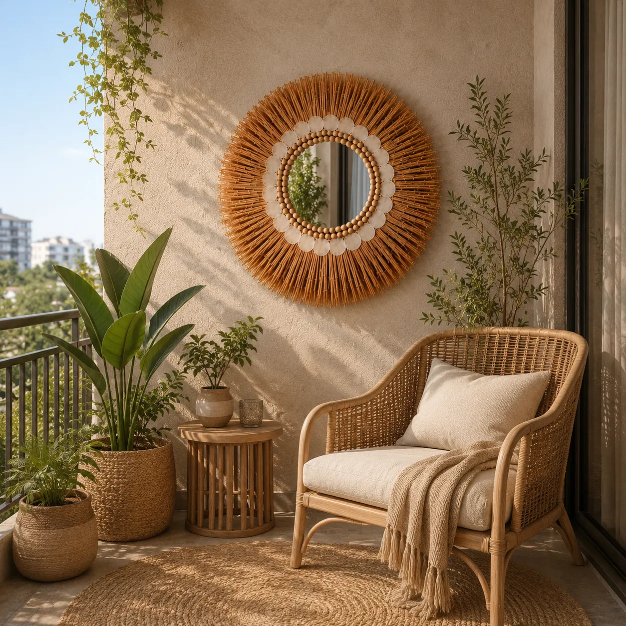 Boho Round Mirror Wall Decor | Natural Decorative Wall Mirror for Living Room