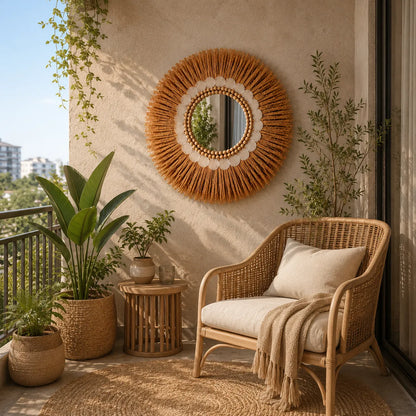 Boho Round Mirror Wall Decor | Natural Decorative Wall Mirror for Living Room
