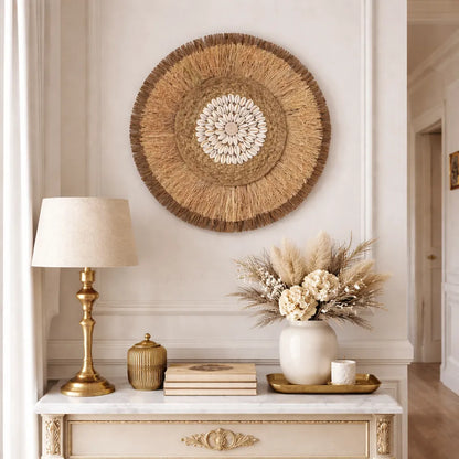 Décoration murale bohème | Tenture murale ronde en rotin et raphia tressés - 38cm