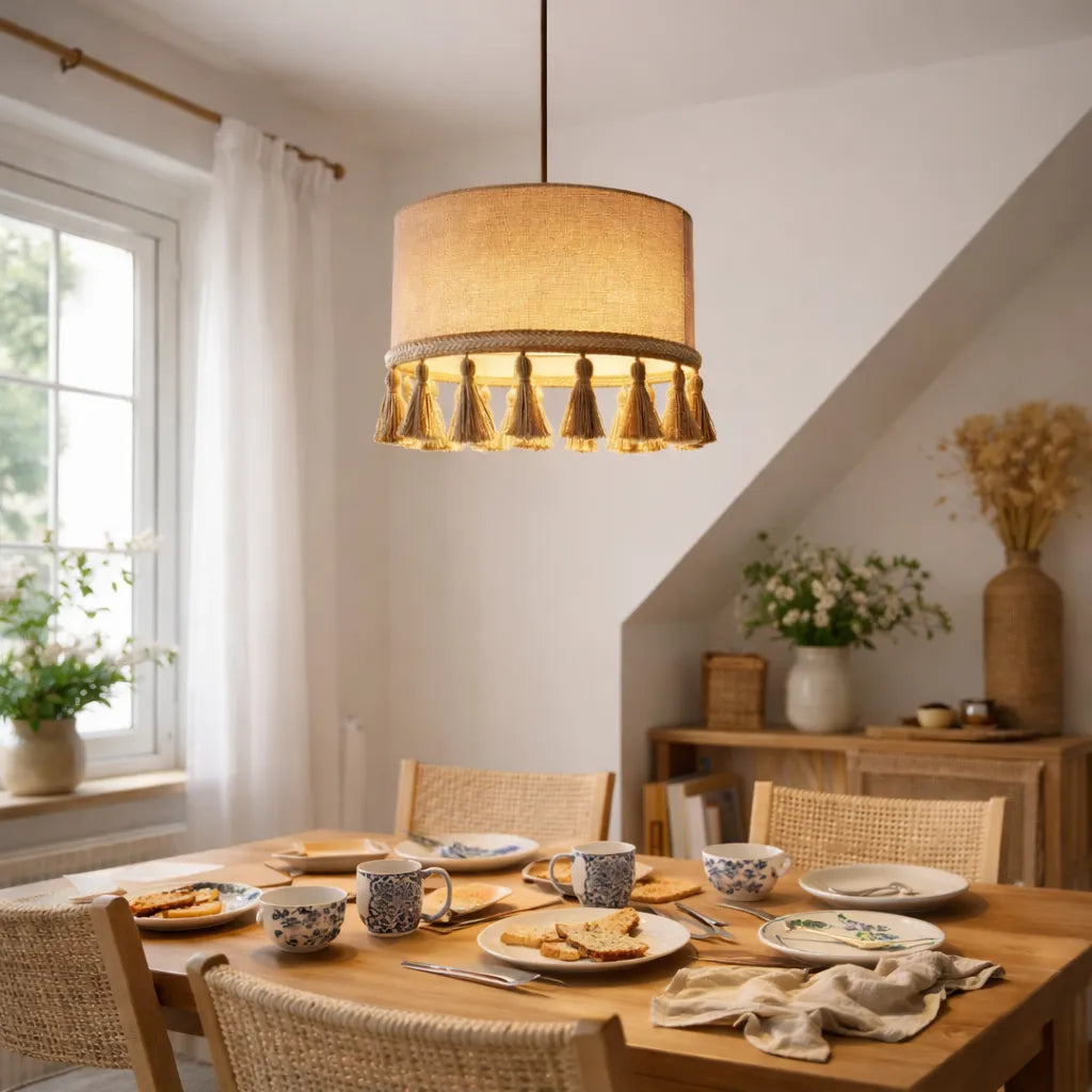 Natural Linen Drum Pendant Lampshade DIY Kit | Beige Hanging Light Shade with Tassel - E10/E14/E26/E27