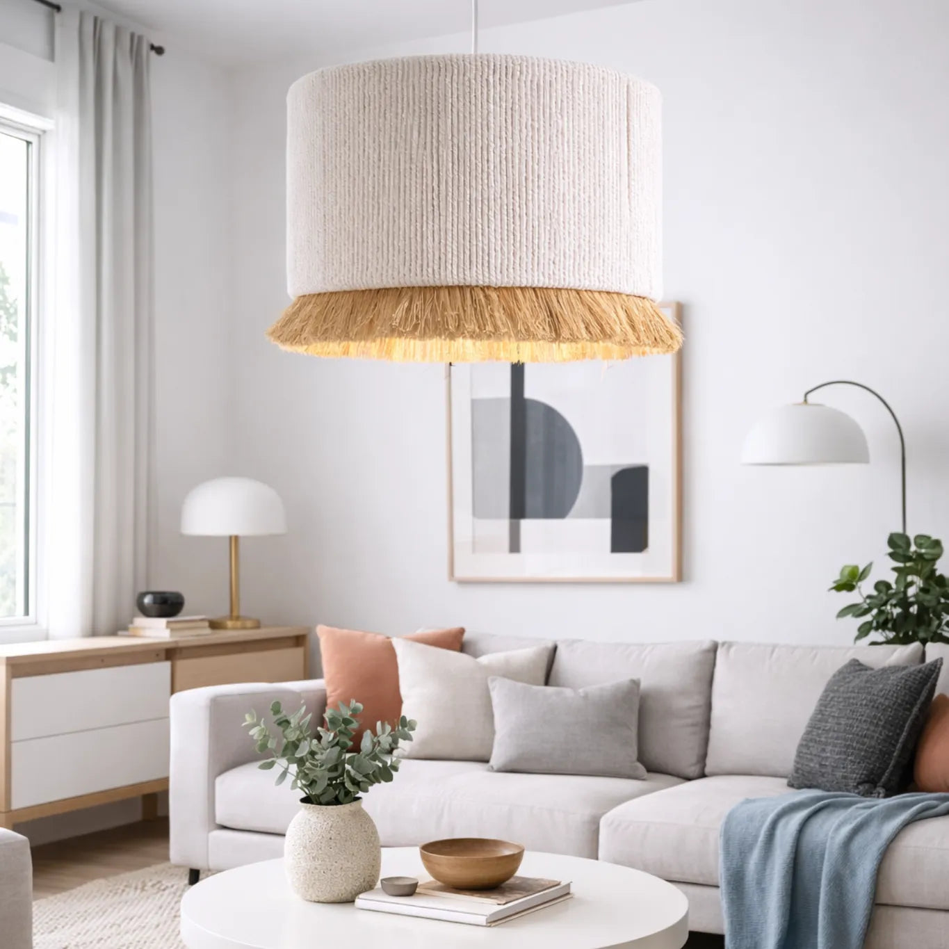 Natural Fringe Drum Pendant Lampshade Kit | Scandinavian Fabric Hanging Light Shade
