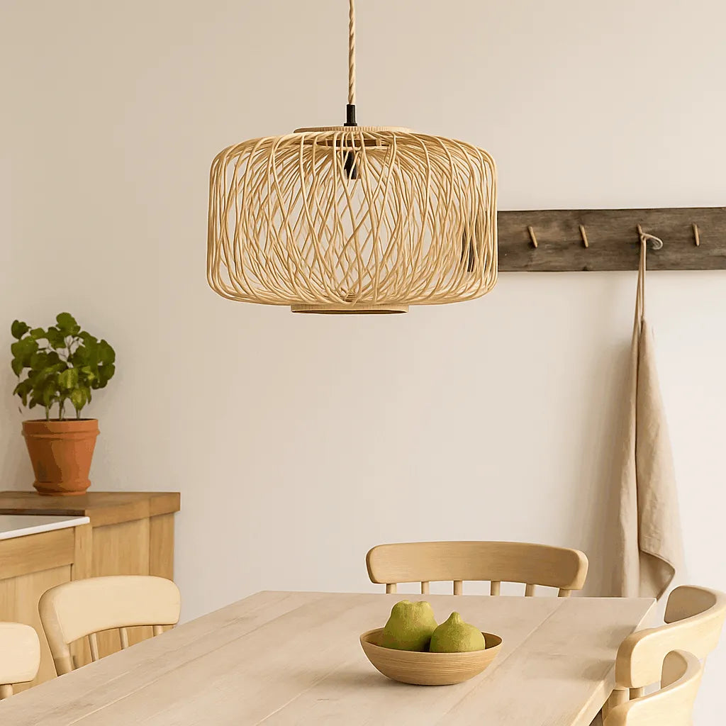 Natural Woven Cage Bamboo Pendant Light Shade | Boho Hanging Lamp – E26/E27/M11