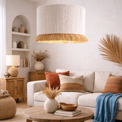 Natural Fringe Drum Pendant Lampshade Kit | Scandinavian Fabric Hanging Light Shade