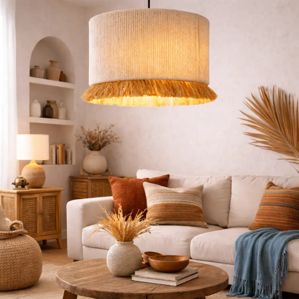 Natural Fringe Drum Pendant Lampshade Kit | Scandinavian Fabric Hanging Light Shade