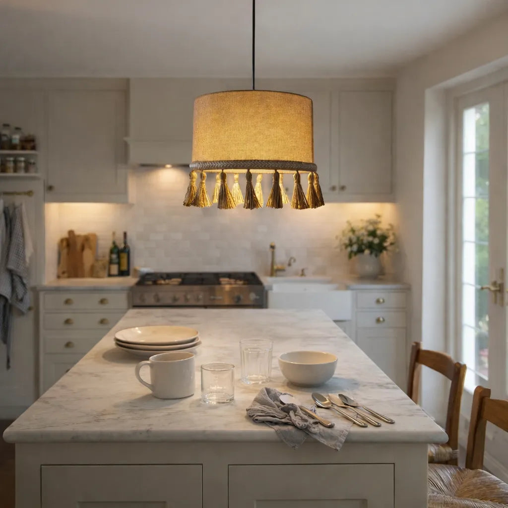 Natural Linen Drum Pendant Lampshade DIY Kit | Beige Hanging Light Shade with Tassel - E10/E14/E26/E27