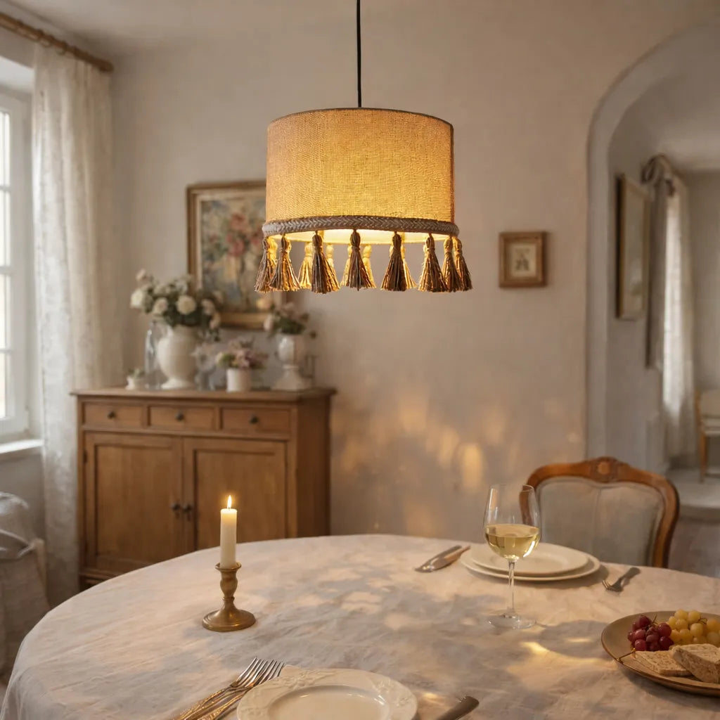 Natural Linen Drum Pendant Lampshade DIY Kit | Beige Hanging Light Shade with Tassel - E10/E14/E26/E27