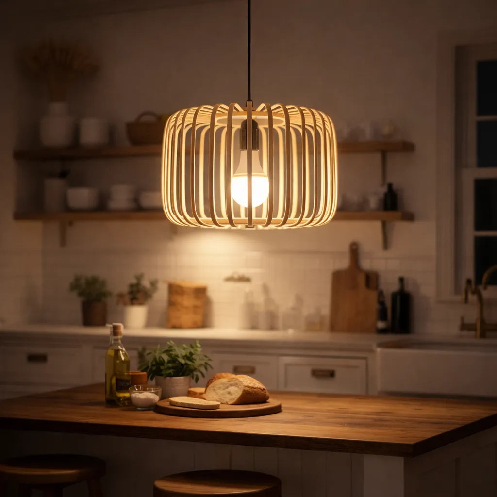Scandinavian Drum Cage Bamboo Pendant Light Shade for Dining Room | Minimalist Design – M11/E26/E27