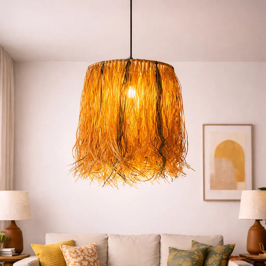Natural Raffia Pendant Lampshade DIY Kit | Boho Hanging Light Shade with Fringe - E10/E14/E26/E27