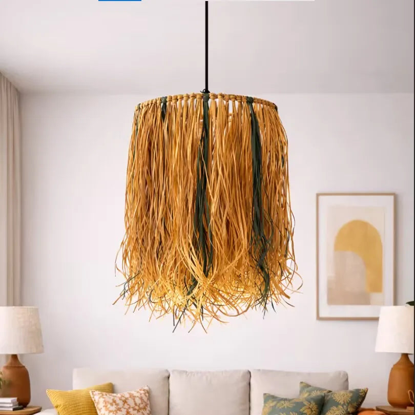 Boho Raffia Pendant Lampshade | Natural DIY Hanging Light Shade Kit with Fringe