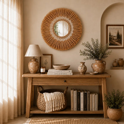Boho Round Mirror Wall Decor | Natural Decorative Wall Mirror for Living Room