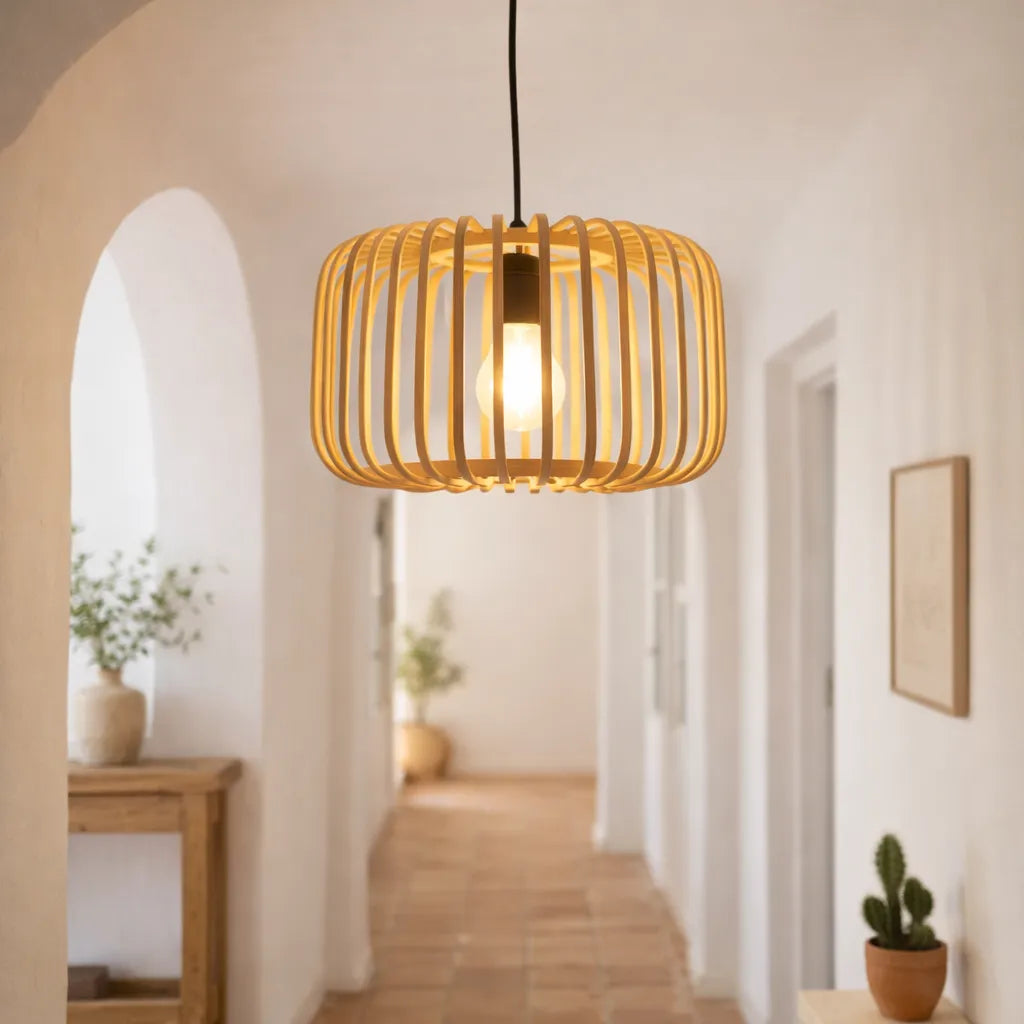 Scandinavian Drum Cage Bamboo Pendant Light Shade for Dining Room | Minimalist Design – M11/E26/E27