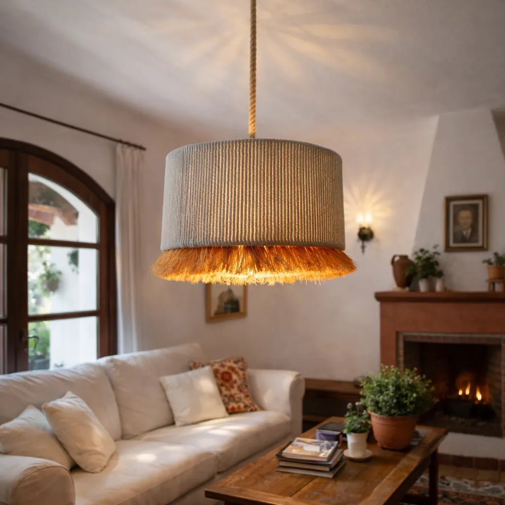 Natural Fringe Drum Pendant Lampshade Kit | Scandinavian Fabric Hanging Light Shade