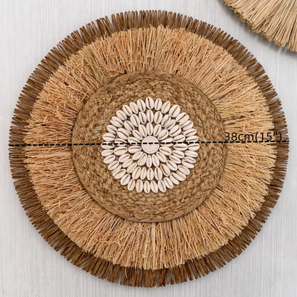 Décoration murale bohème | Tenture murale ronde en rotin et raphia tressés - 38cm