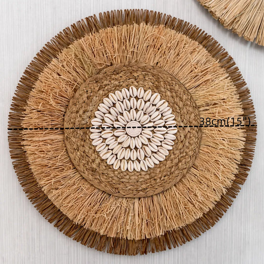 Boho Wall Decor | Round Woven Rattan & Raffia Wall Hanging - 38cm
