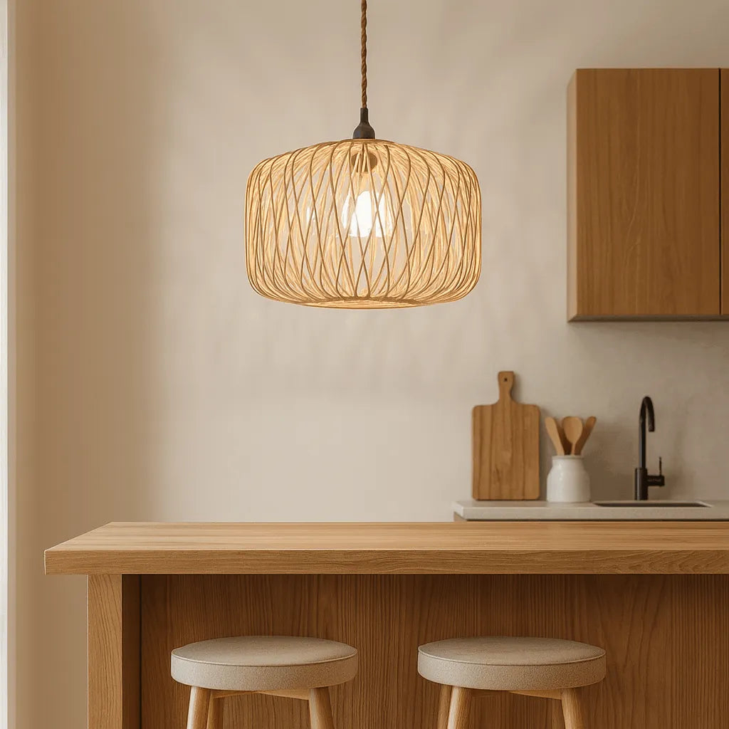 Natural Woven Cage Bamboo Pendant Light Shade | Boho Hanging Lamp – E26/E27/M11