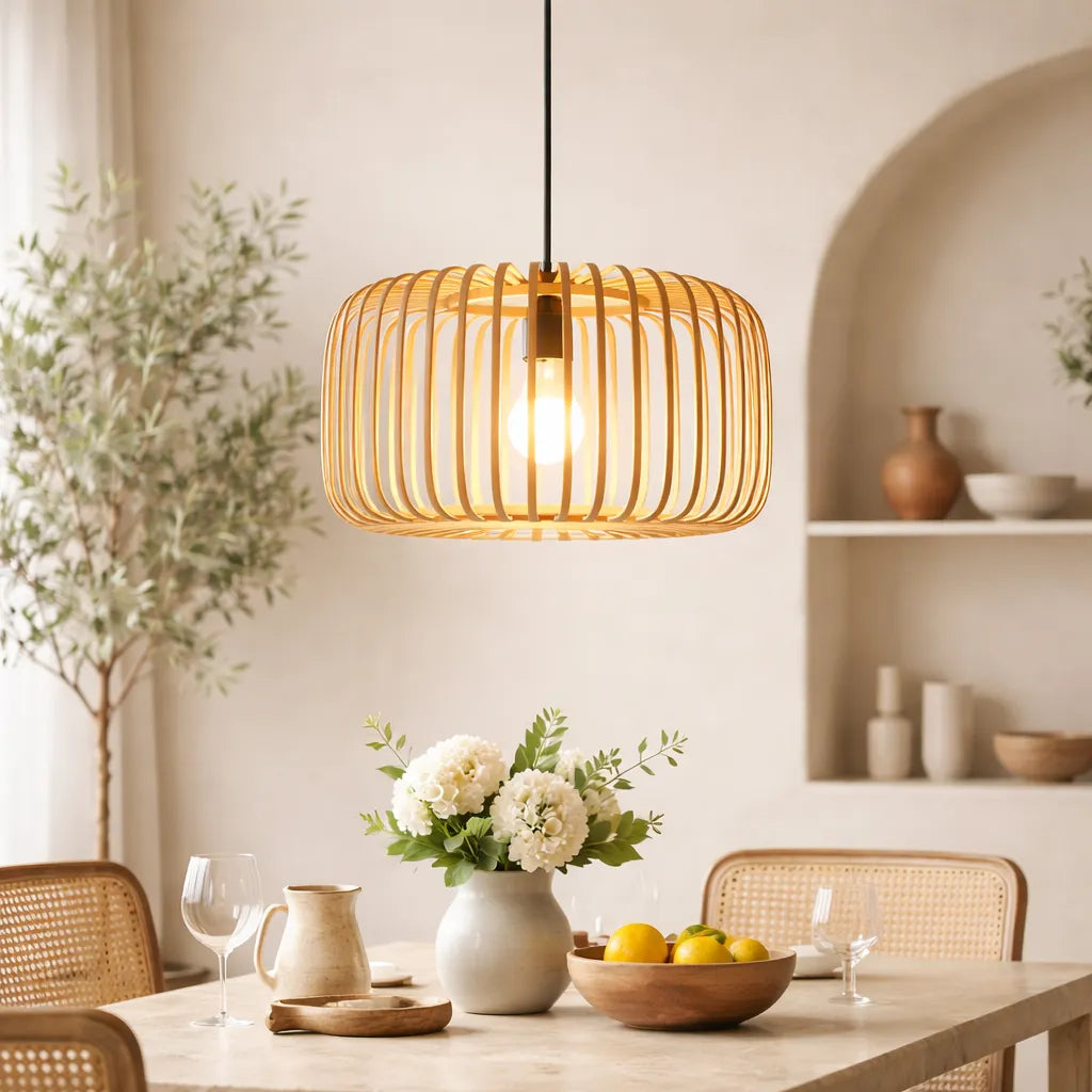 Scandinavian Drum Cage Bamboo Pendant Light Shade for Dining Room | Minimalist Design – M11/E26/E27