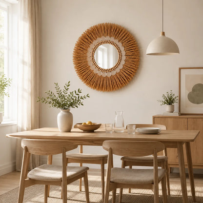 Boho Round Mirror Wall Decor | Natural Decorative Wall Mirror for Living Room