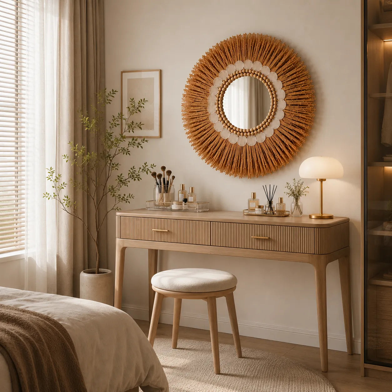 Boho Round Mirror Wall Decor | Natural Decorative Wall Mirror for Living Room