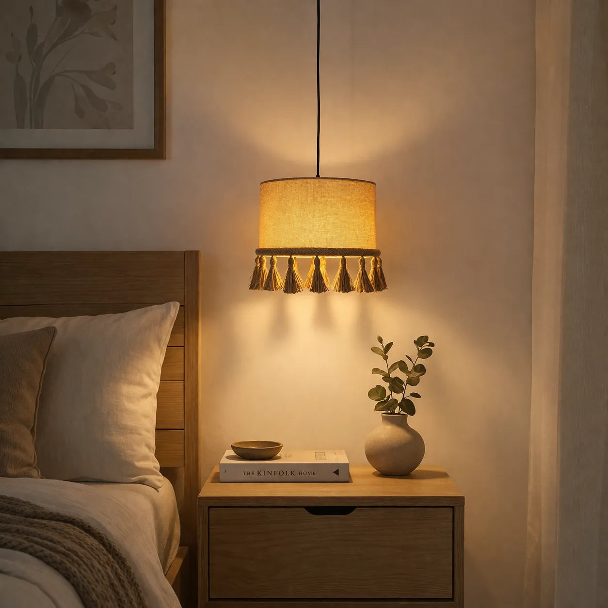 Natural Linen Drum Pendant Lampshade DIY Kit | Beige Hanging Light Shade with Tassel - E10/E14/E26/E27