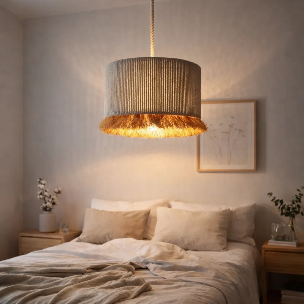 Natural Fringe Drum Pendant Lampshade Kit | Scandinavian Fabric Hanging Light Shade