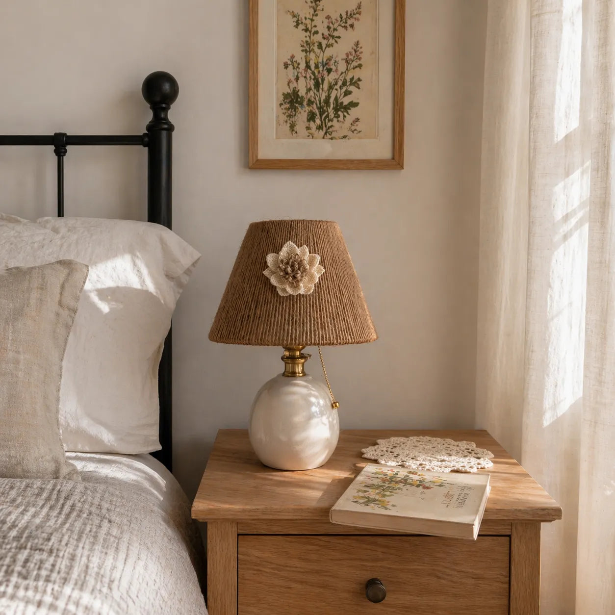 Rustic Rope Empire Lampshade | Small Natural DIY Table Lamp Shade Kit with Floral