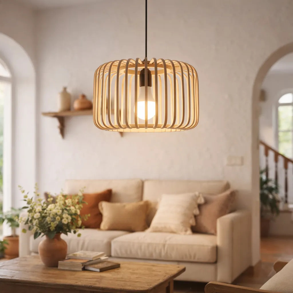 Scandinavian Drum Cage Bamboo Pendant Light Shade for Dining Room | Minimalist Design – M11/E26/E27